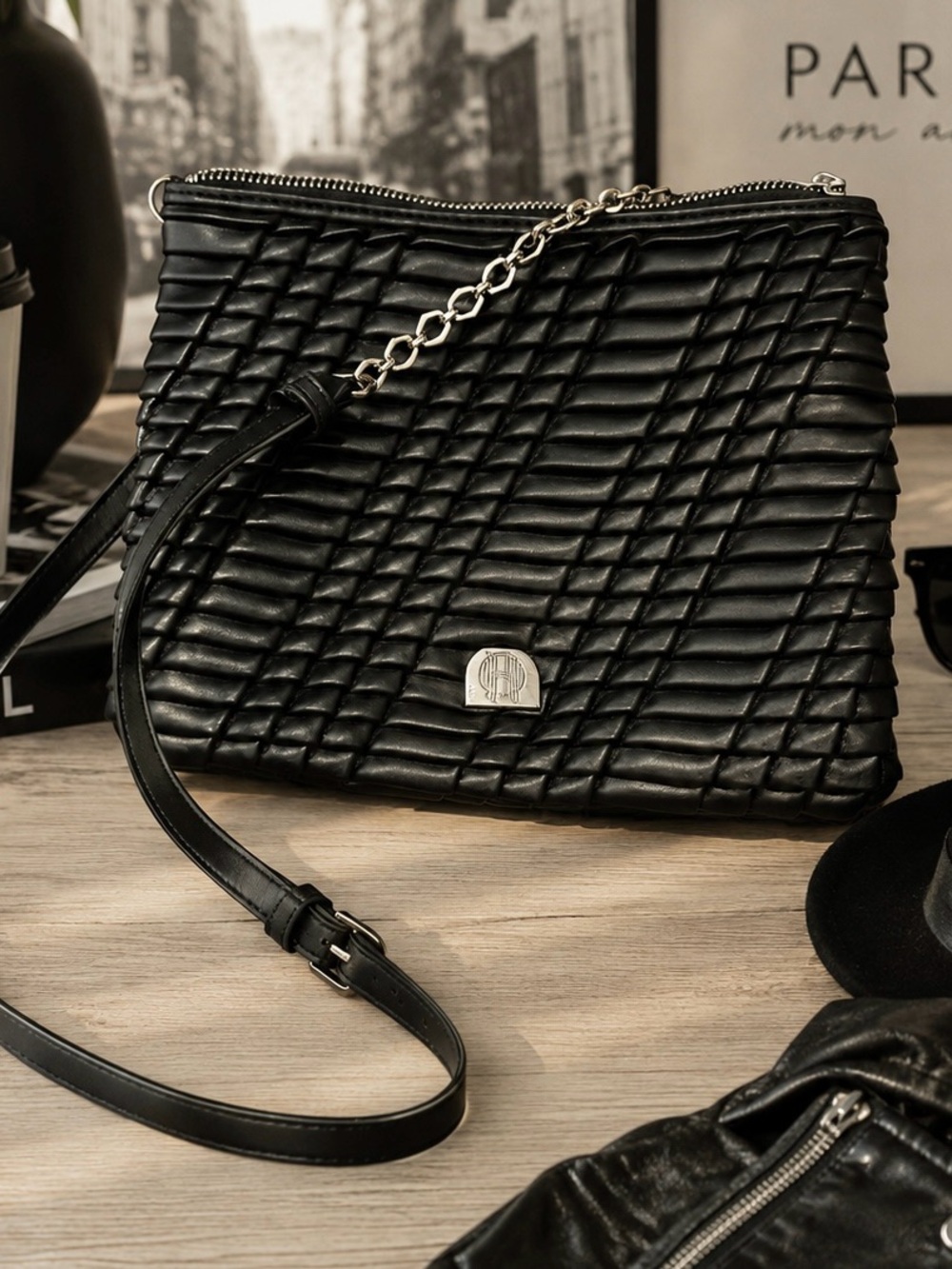 House of Harlow 1960 Black Pleated Crossbody Bag with Chain Strap
